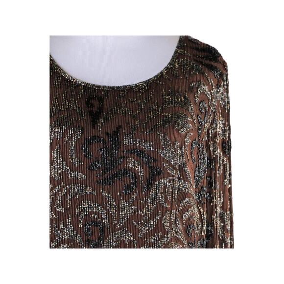 Frank Usher Sequin Top, Brown Black Beaded Silk Blouse Medium - Picture 3 of 7